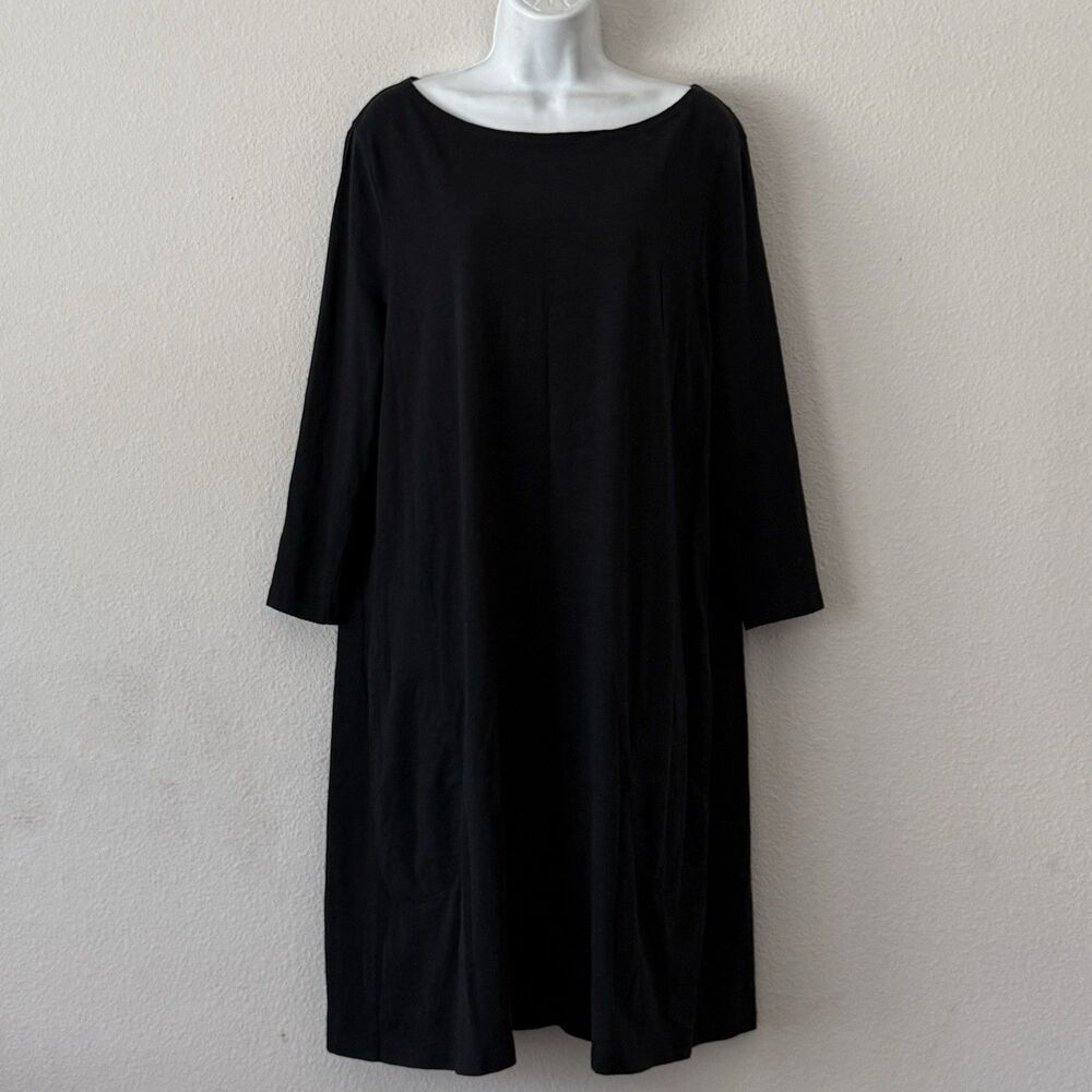 Garnet Hill Midi Dress Size 18 Black Cotton Loose Slub Knit Lagenlook Minimalist